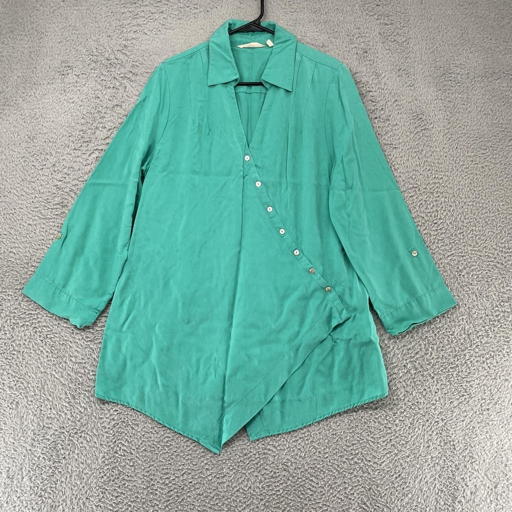 Soft Surroundings Tunic Top Womens Large Turquoise Asym Hem Button Front Lyocell